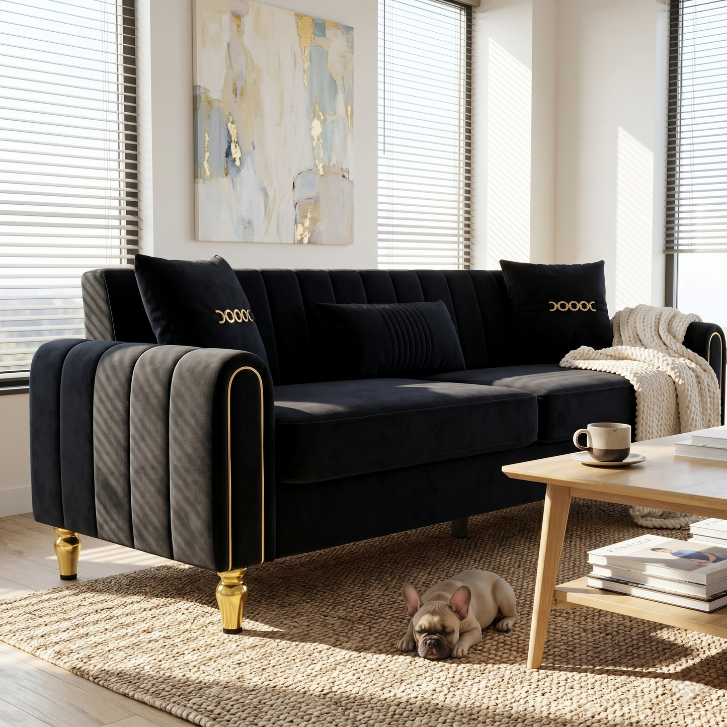 FX-P11-BK 87.4 Inch Modern Sofa Couch for Living Room, 3 Seater Upholstered Sofa with Pillows