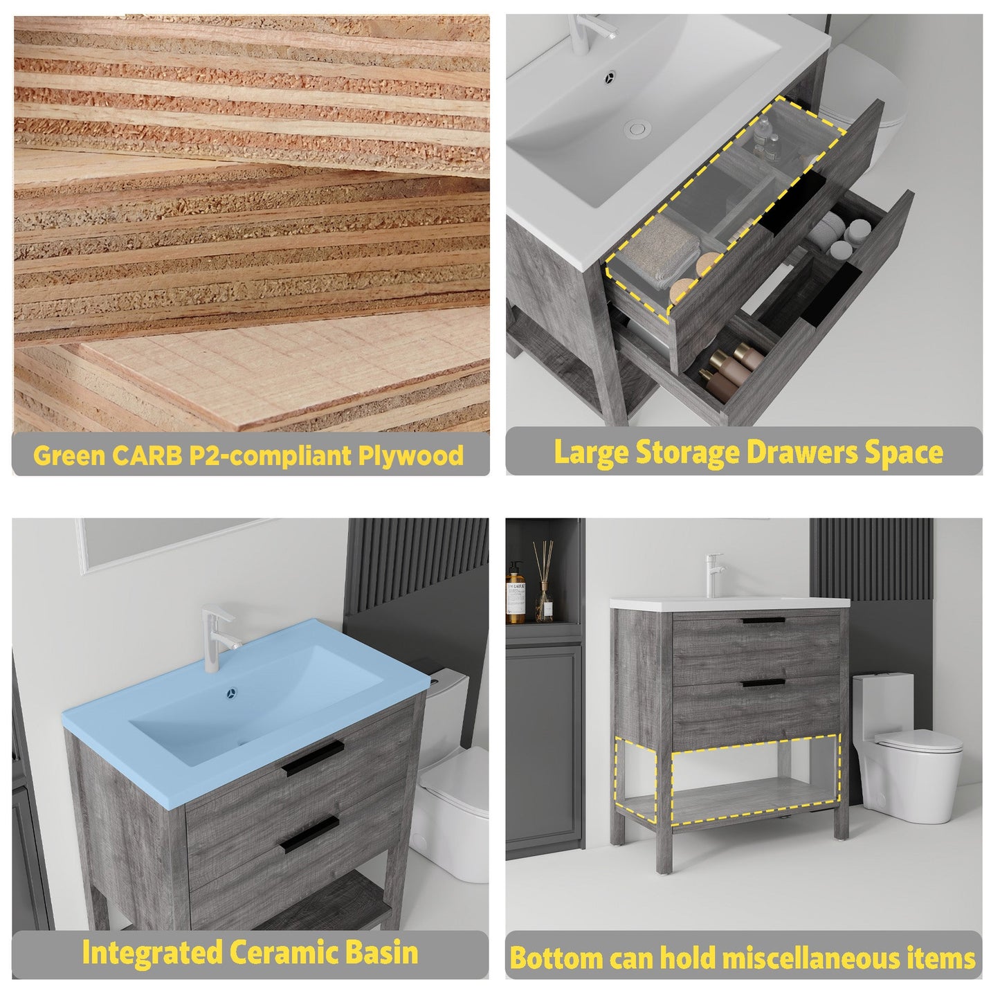 36 Inch Freestanding Bathroom Vanity with Sink, Soft-Close Drawer, Ceramic Sink, Plywood