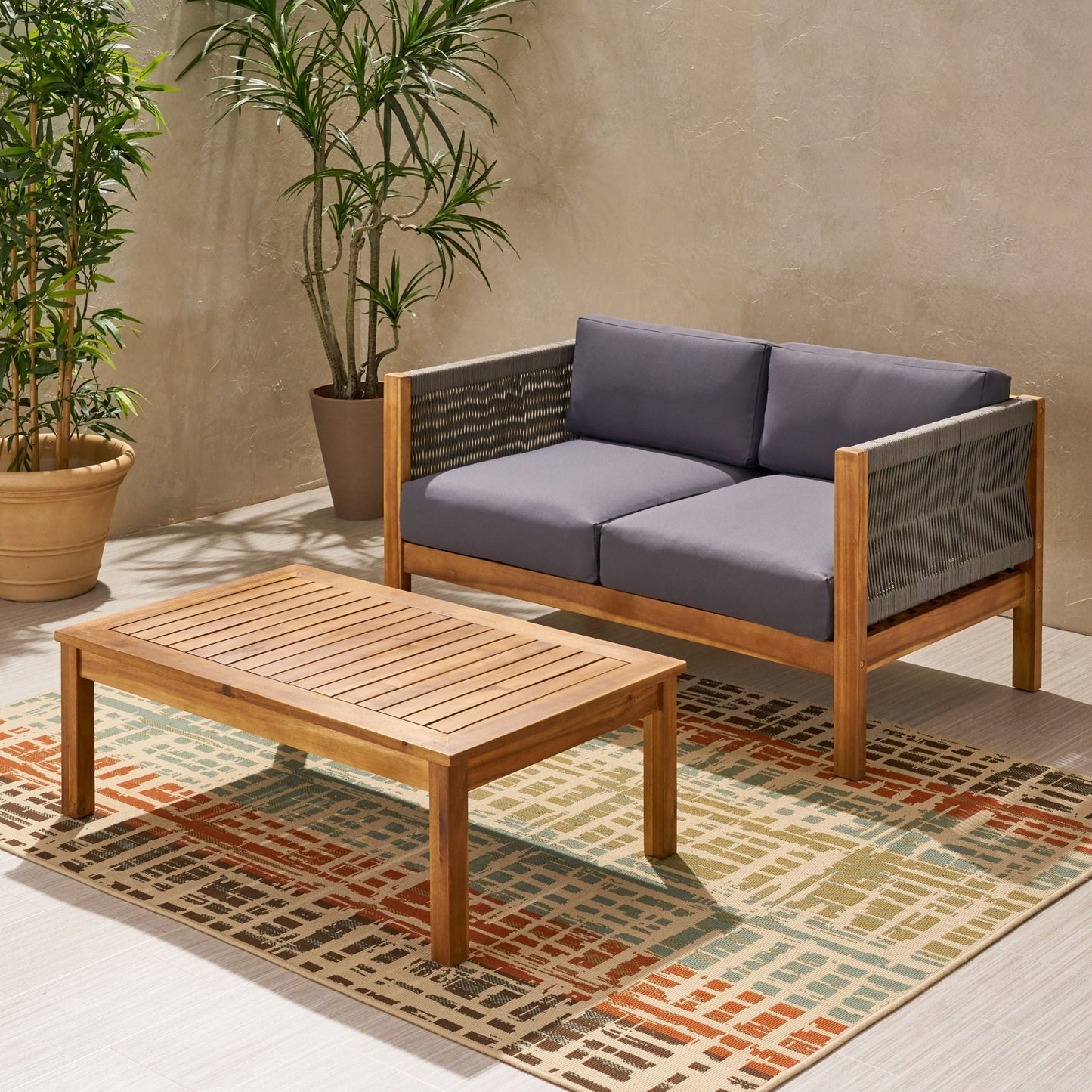Charlotte Outdoor And Rope 4 Seater Chat Set With Cushions - Teak