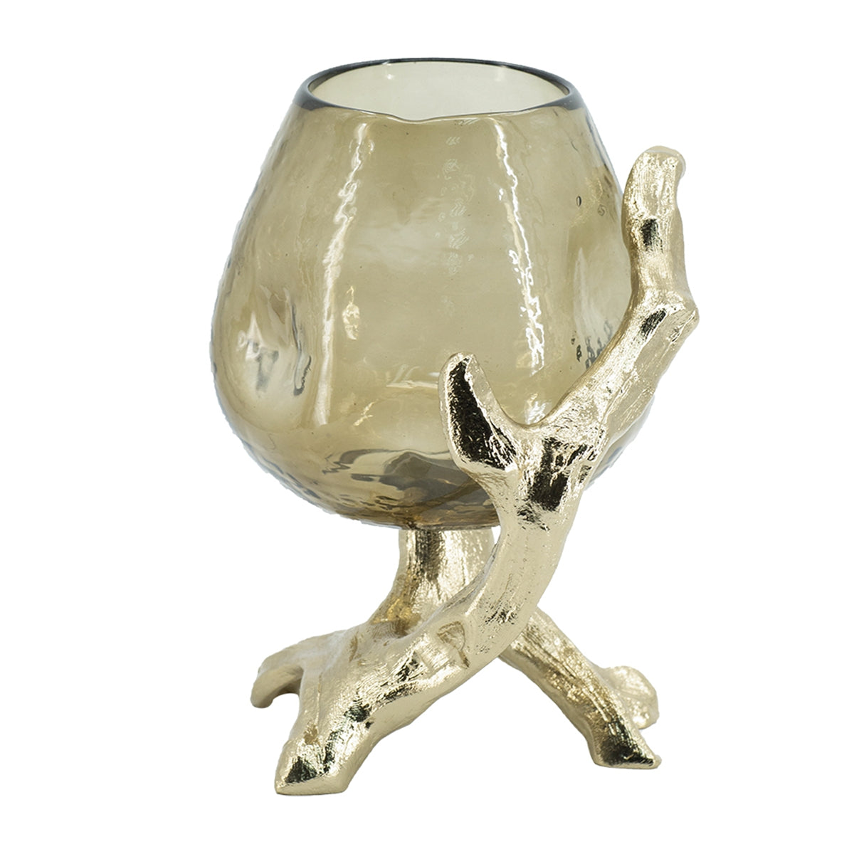 Olive Glass Candle Holder with Gold Metal Legs