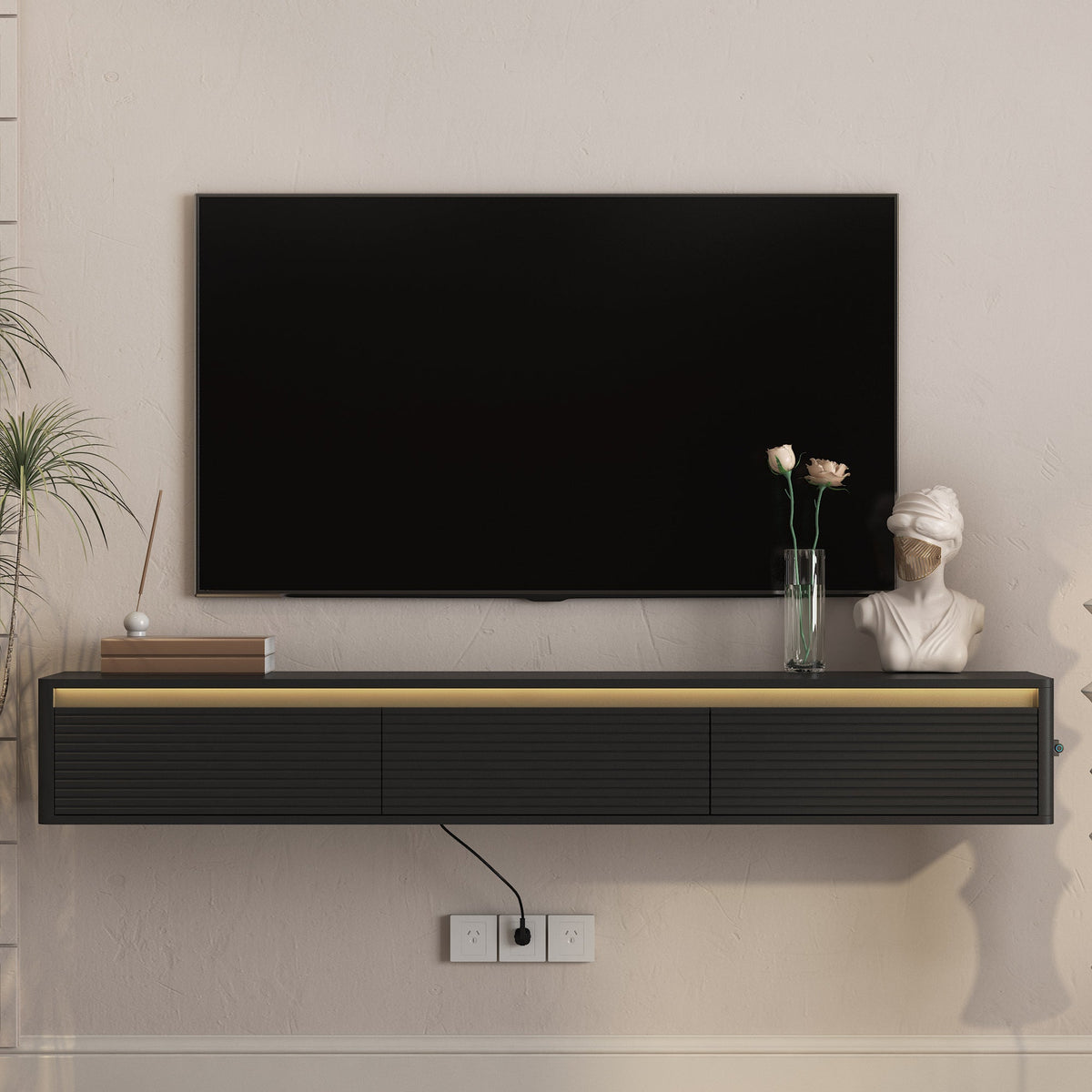 Floating TV Stand with LED Lights & Power Outlet