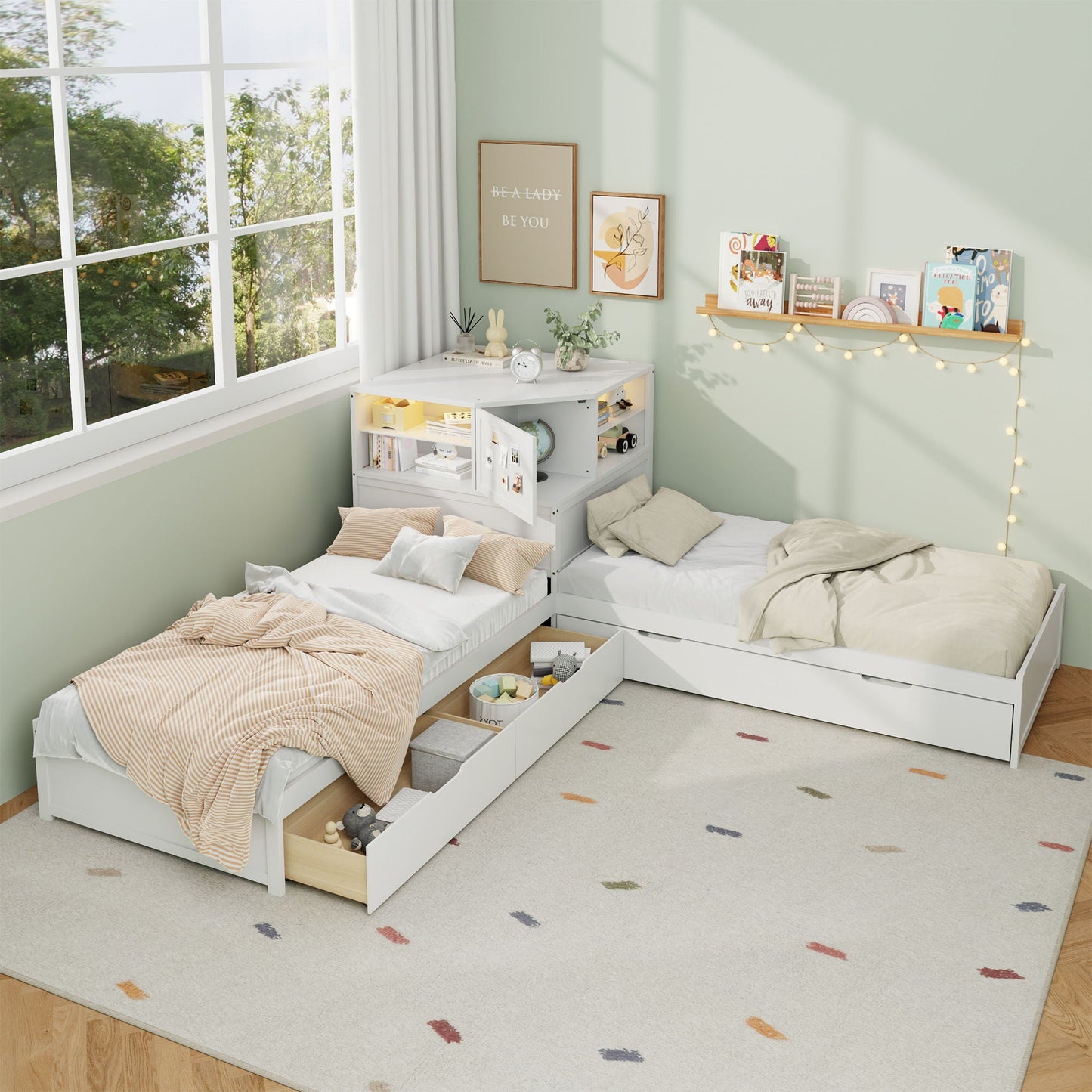 L-Shaped Bed Frame With Trundle, Built In Desk & LED Lighting