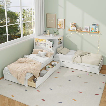 L-Shaped Bed Frame With Trundle, Built In Desk & LED Lighting
