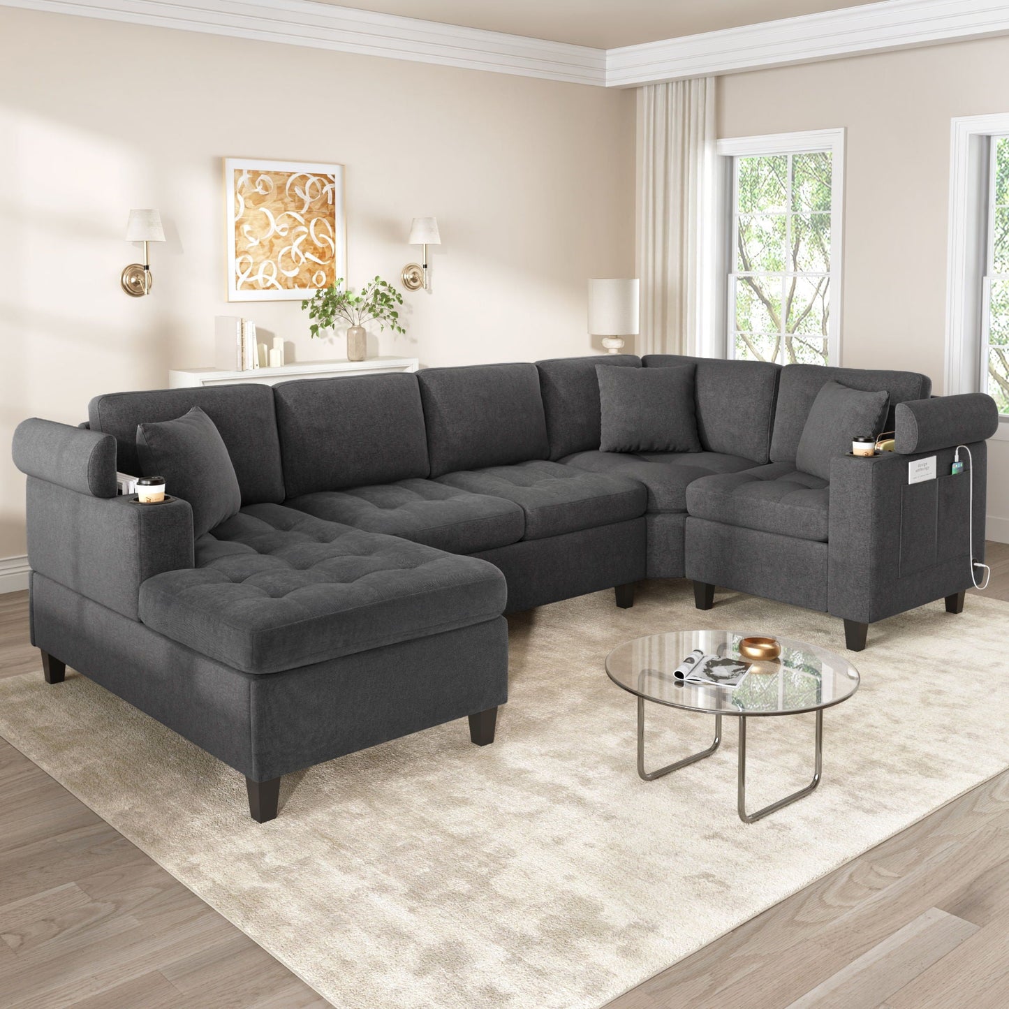 U Shaped Sectional Sofa, Corner Living Room Couch With Built In Cup Holders, Storage, USB Ports