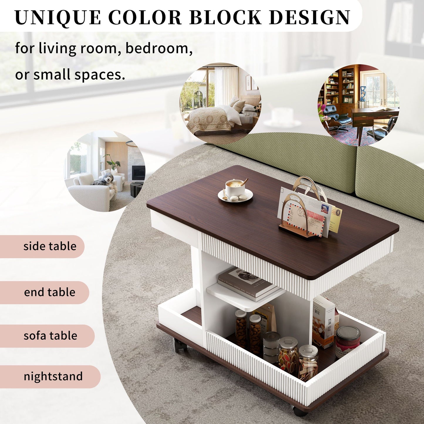 Adjustable End Table With Wheels, 360°Rotating Top And Storage Space