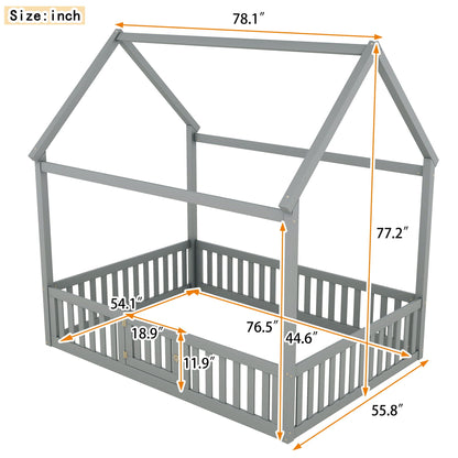 Wood House Bed With Fence And Door