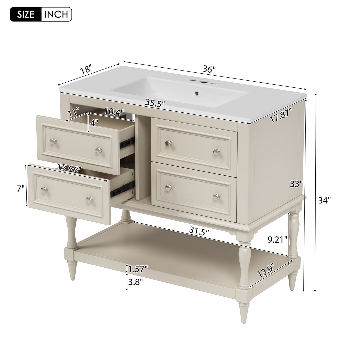 Bathroom Vanity Cabinet With Undermount Sink - 4 Drawer Set