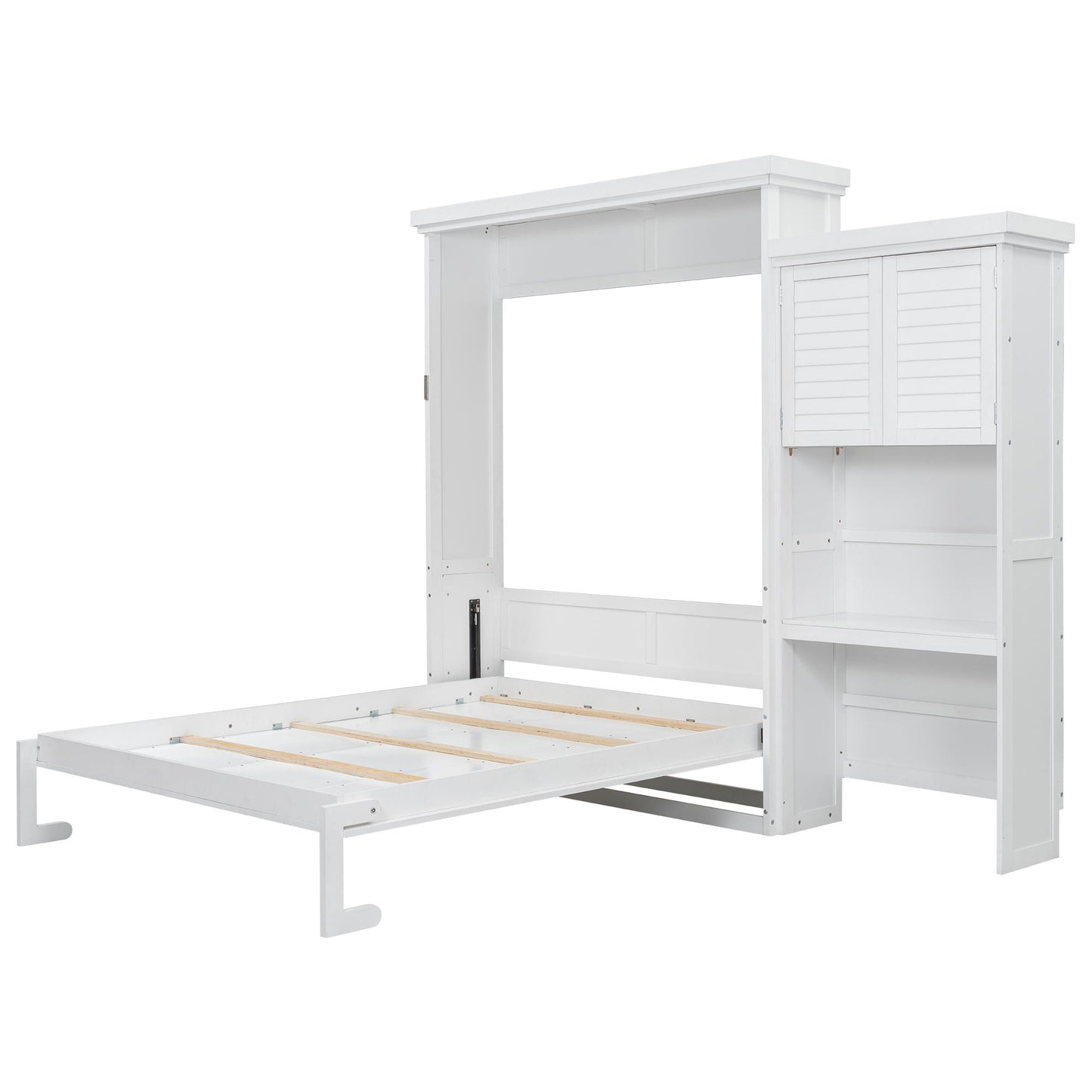 Queen Size Murphy Bed With Louvered Design And Multiple Storage Shelves - White