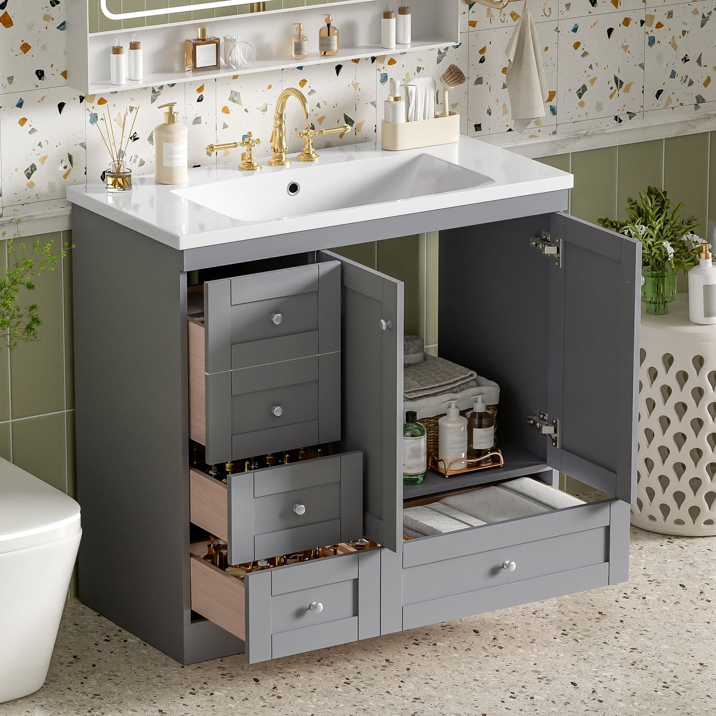 36 Inch Shaker Style Free-Standing Bathroom Vanity Cabinet with Sink