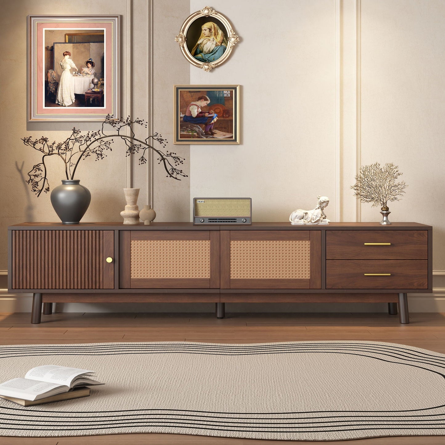 TV Stand For 80" TVs With Sliding Doors And Drawers, Accent Storage Unit - Dark Brown