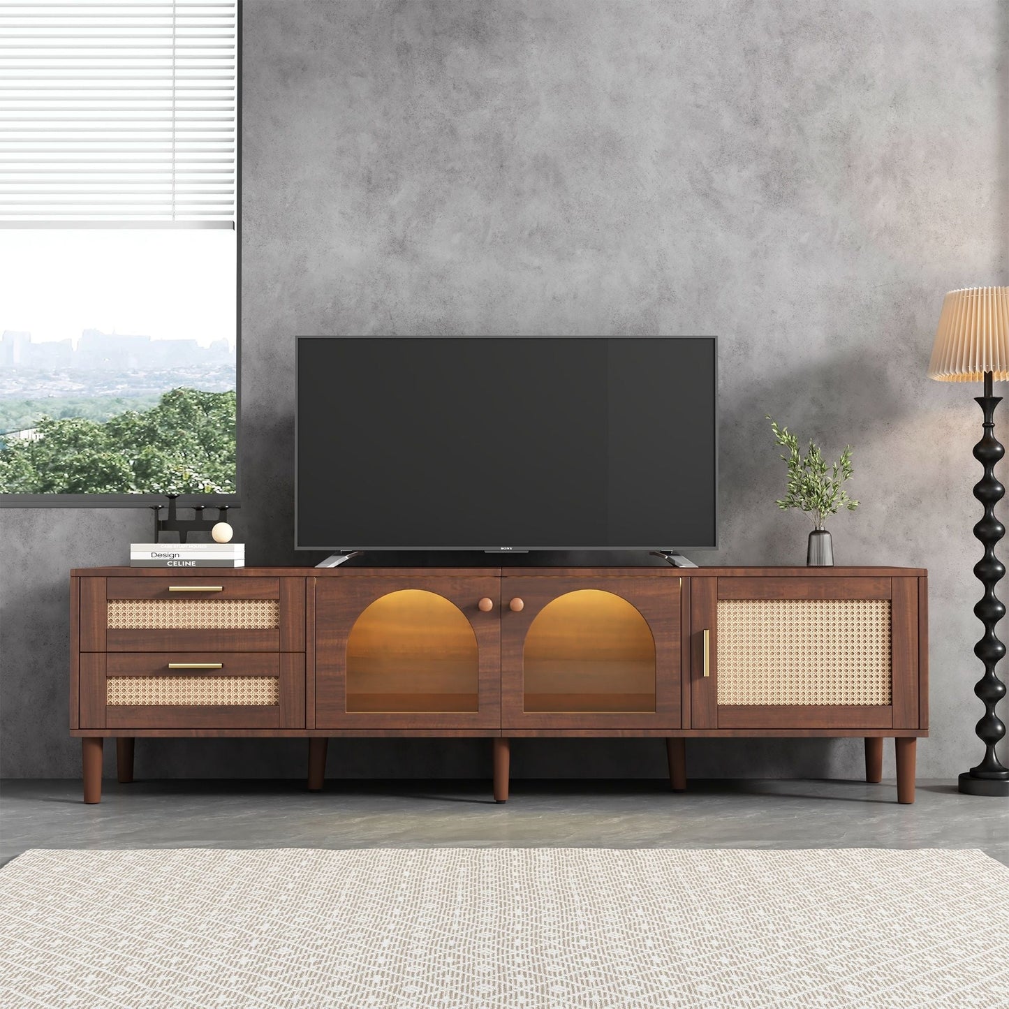 TV Stand With 3 Cabinets & 2 Drawers, LED Light Media Console For TVs Up To 80" - Dark Brown