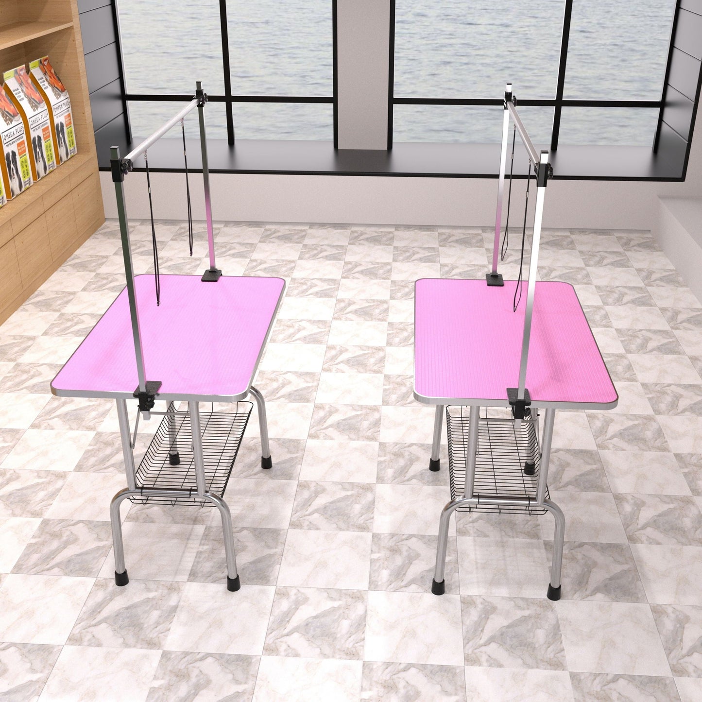 Folding Dog Pet Grooming Table Stainless Steel Frame Rubber Mat On Board With Adjustable Arm And Clamps Pet Dog Cat Grooming Table