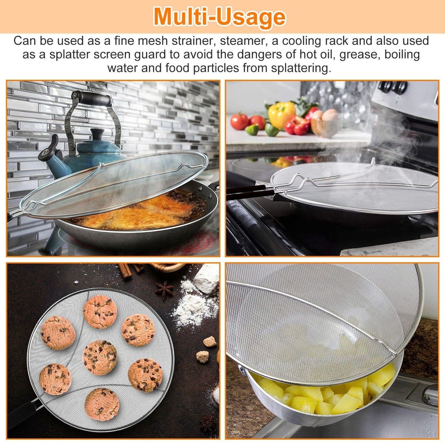 Grease Splatter ScreenÊ13in Stainless Steel Fine Mesh Splash Mesh Shield Hot Oil Stopper w/ Resting Feet For Frying Pan Cooking Woks Skillets Pots Pan