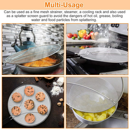 Grease Splatter ScreenÊ13in Stainless Steel Fine Mesh Splash Mesh Shield Hot Oil Stopper w/ Resting Feet For Frying Pan Cooking Woks Skillets Pots Pan