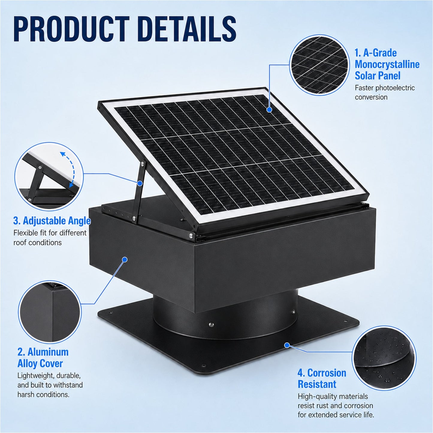 14" Adjustable Square Solar Roof Exhaust Fan, 60W Dual Power Attic Ventilator