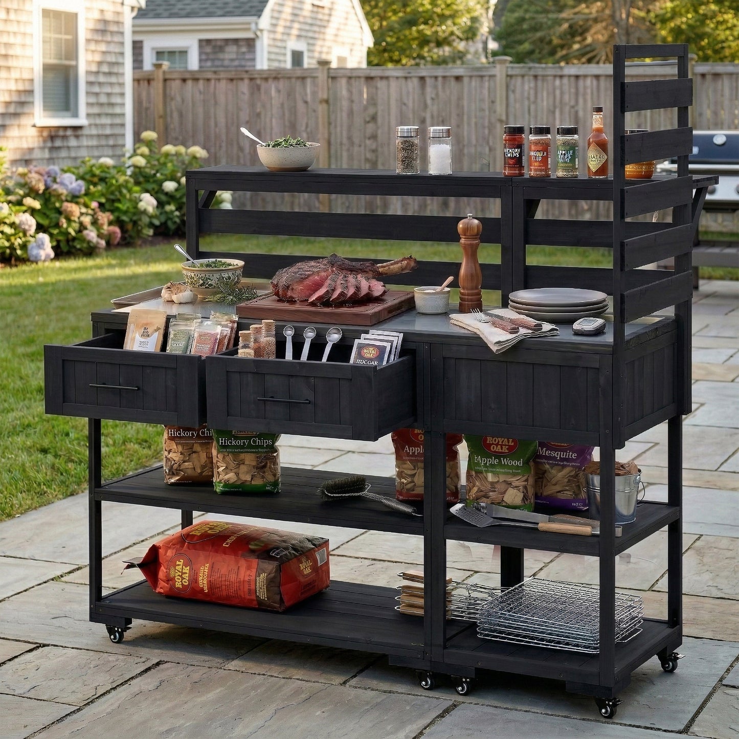 TOPMAX 62.3'' Patio Kitchen Island Solid Wood Kitchen Cart