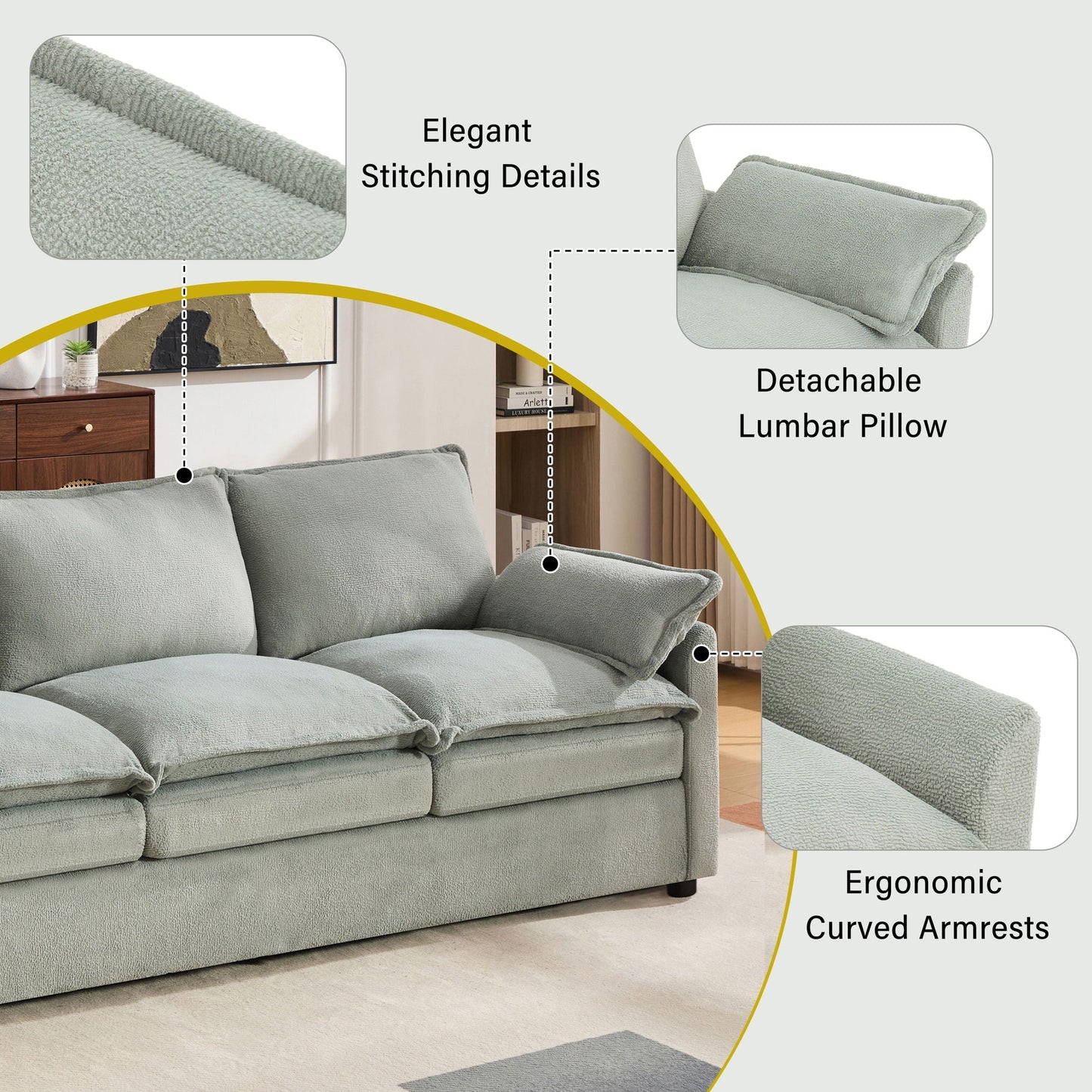 Modern 3 Seater Sofa With Side Storage Pockets For Living Room
