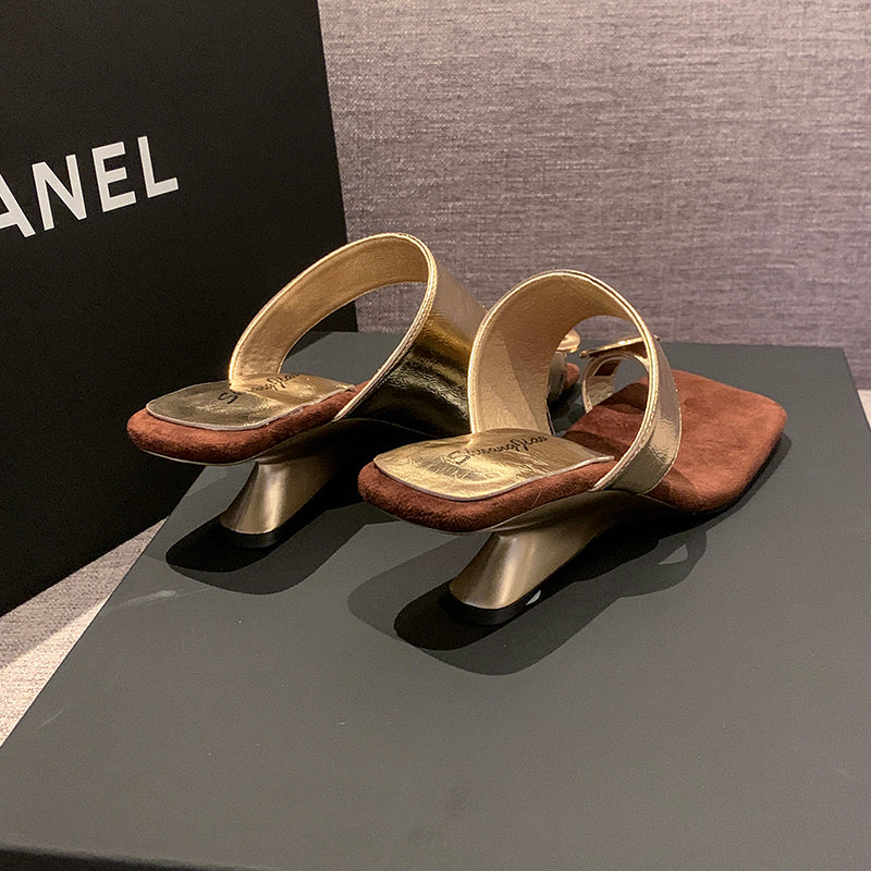 Women French Wedge Toe Loop Slide Sandals, 2026 New Summer Niche Square Toe Slip On Mules For Matching Dresses