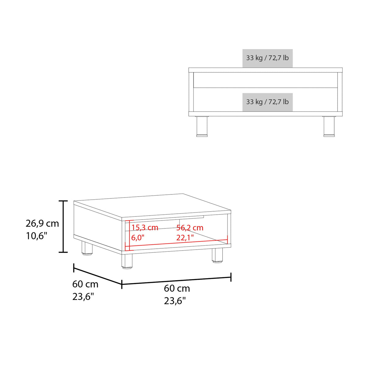 Coffee Table 1 Shelf, 4 Legs - Black