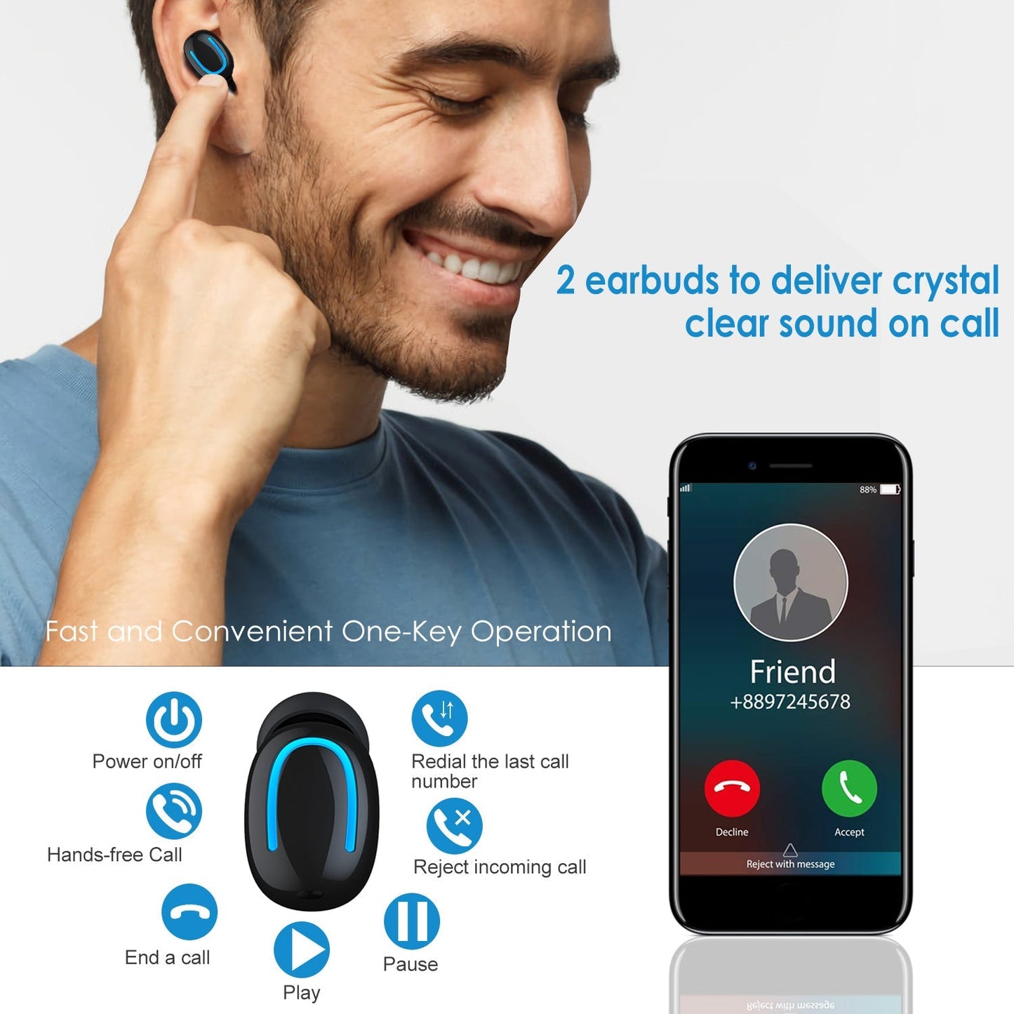 TWS Wireless 5.0 Earbuds In-Ear Stereo Headset Noise Canceling Earphone Headsets w/Mic Magnetic Charging Dock for Driving Working Travelling