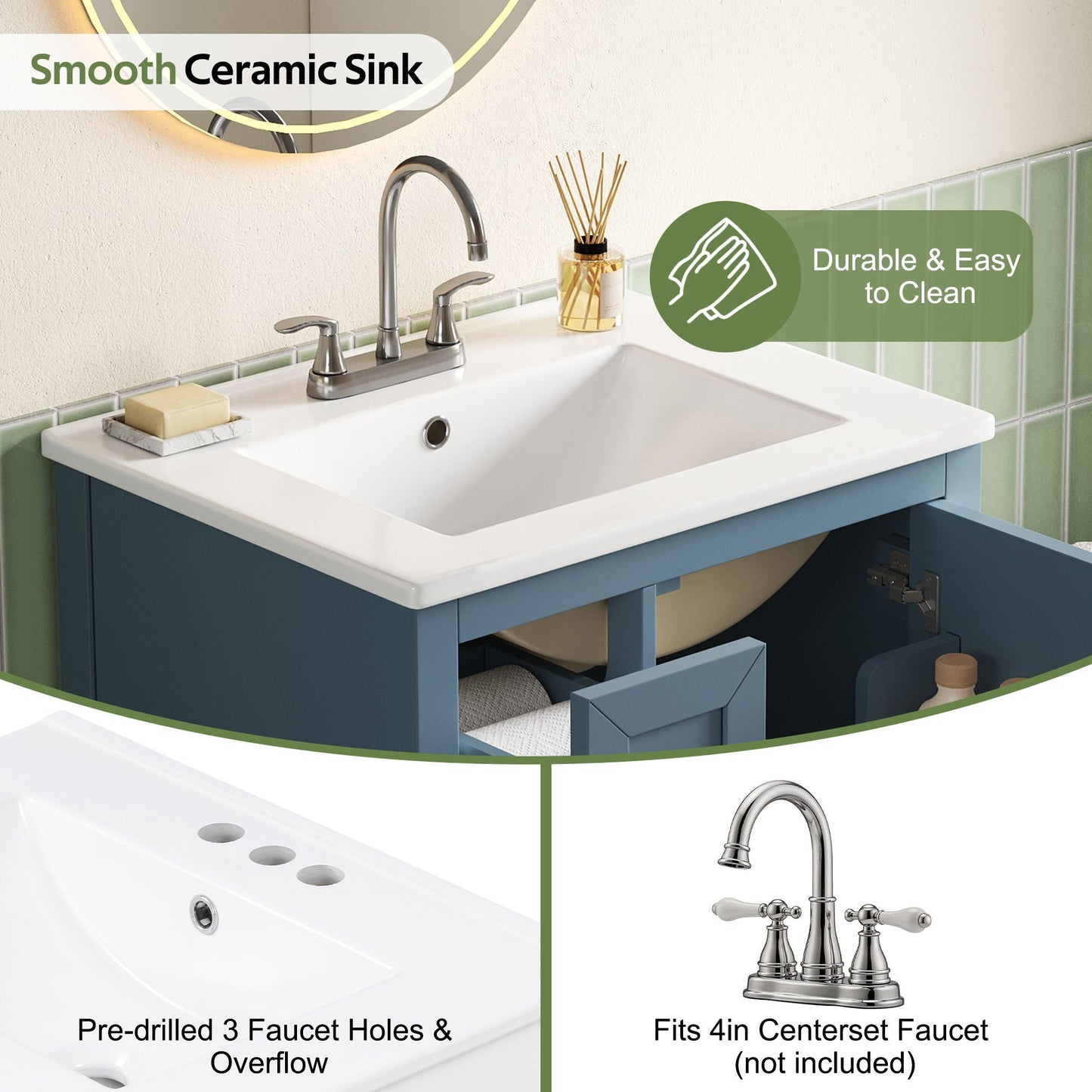 Modern Bathroom Vanity With Sink, Soft Close Drawers & Door, Storage Rack