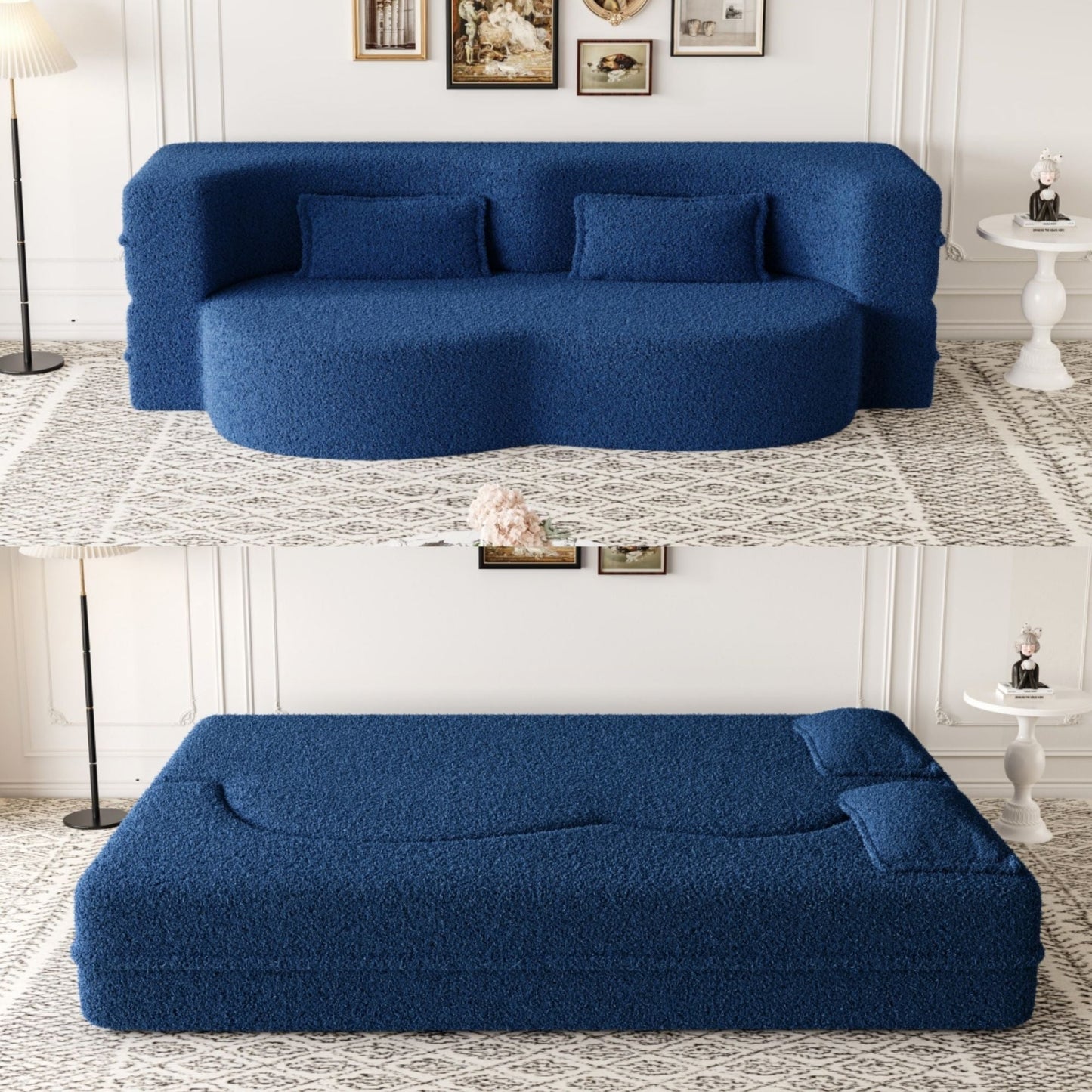 Modern Floor Sofa With Two Pillows Convertible Teddy Fabric Foam Filled Bed