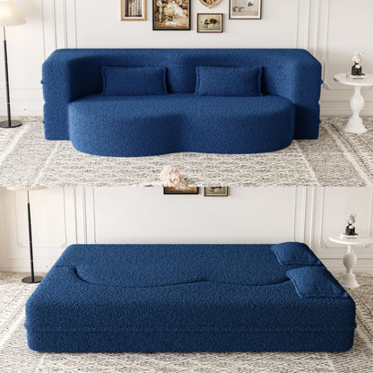 Modern Floor Sofa With Two Pillows Convertible Teddy Fabric Foam Filled Bed