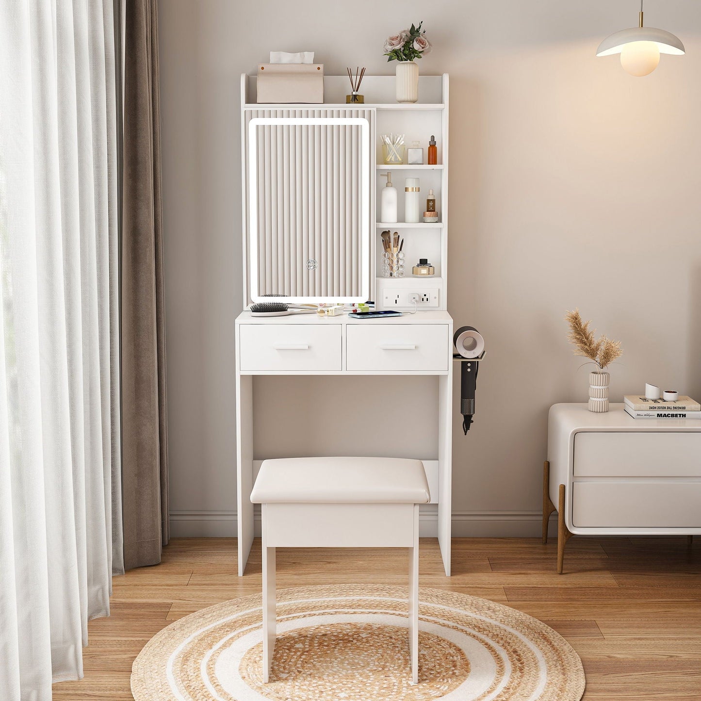 Space Saving Makeup Vanity Desk With Mirror & Adjustable LED Lights