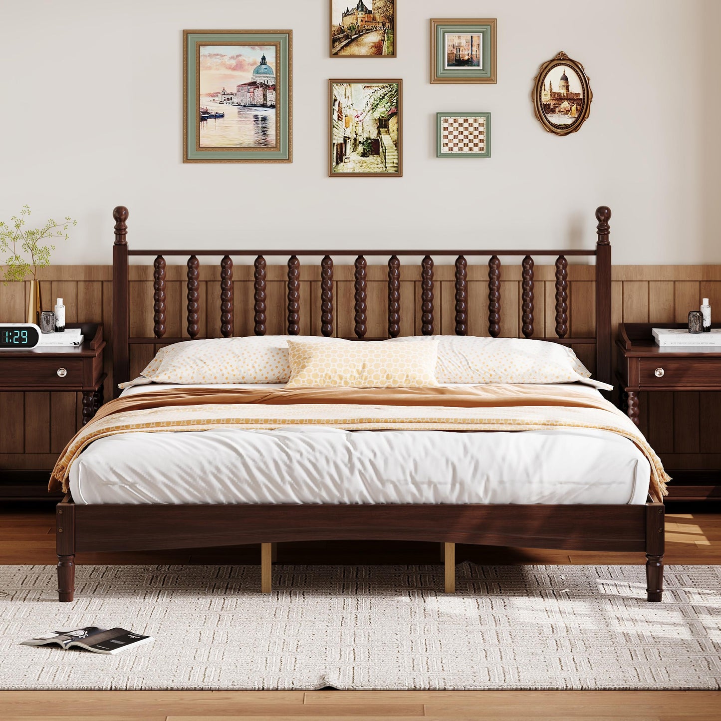 King Size Wood Platform Bed with Gourd Shaped Headboard