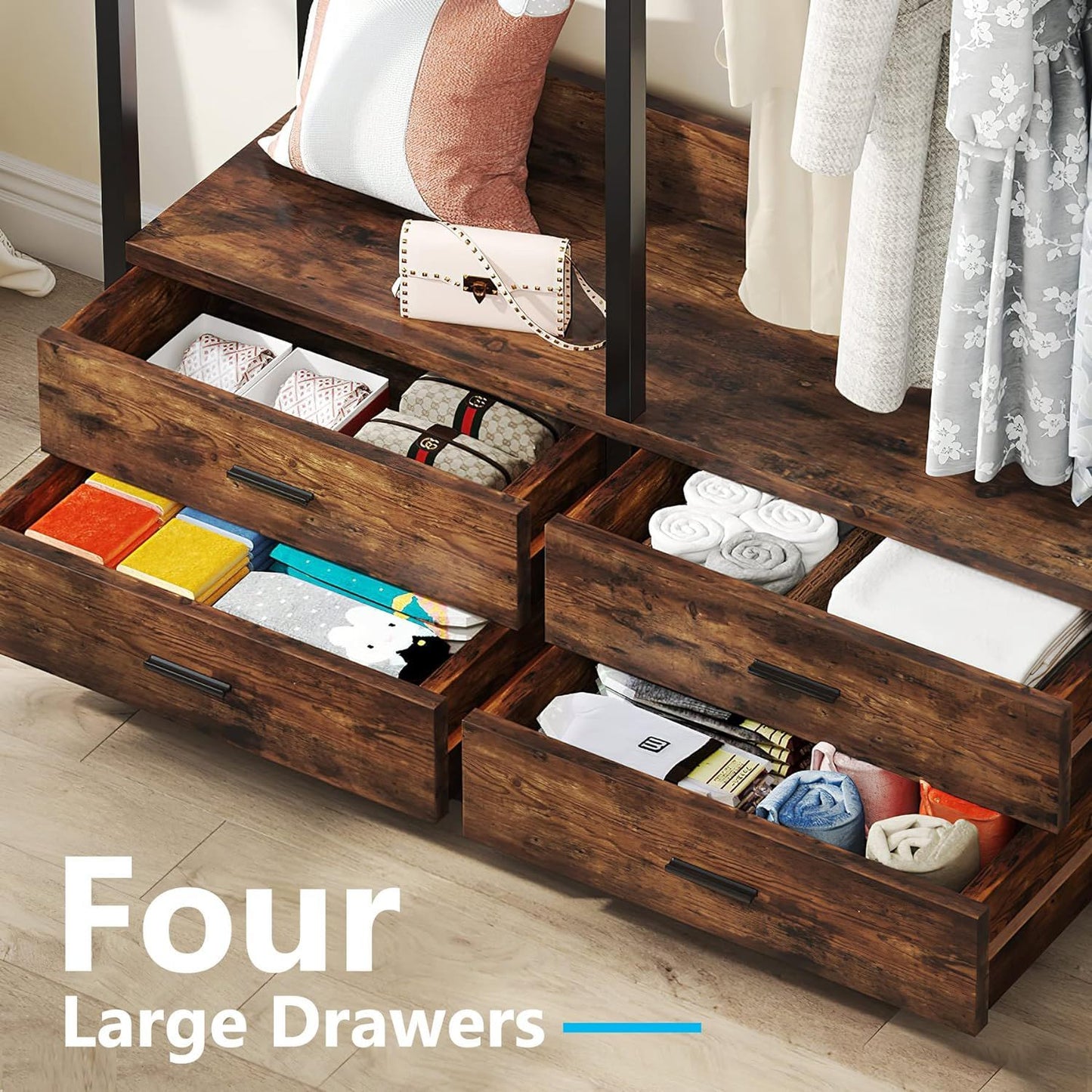 Freestanding Closet Organizer With 4 Drawers, 8 Hooks, Shelves, And Hanging Rod - Brown / Black
