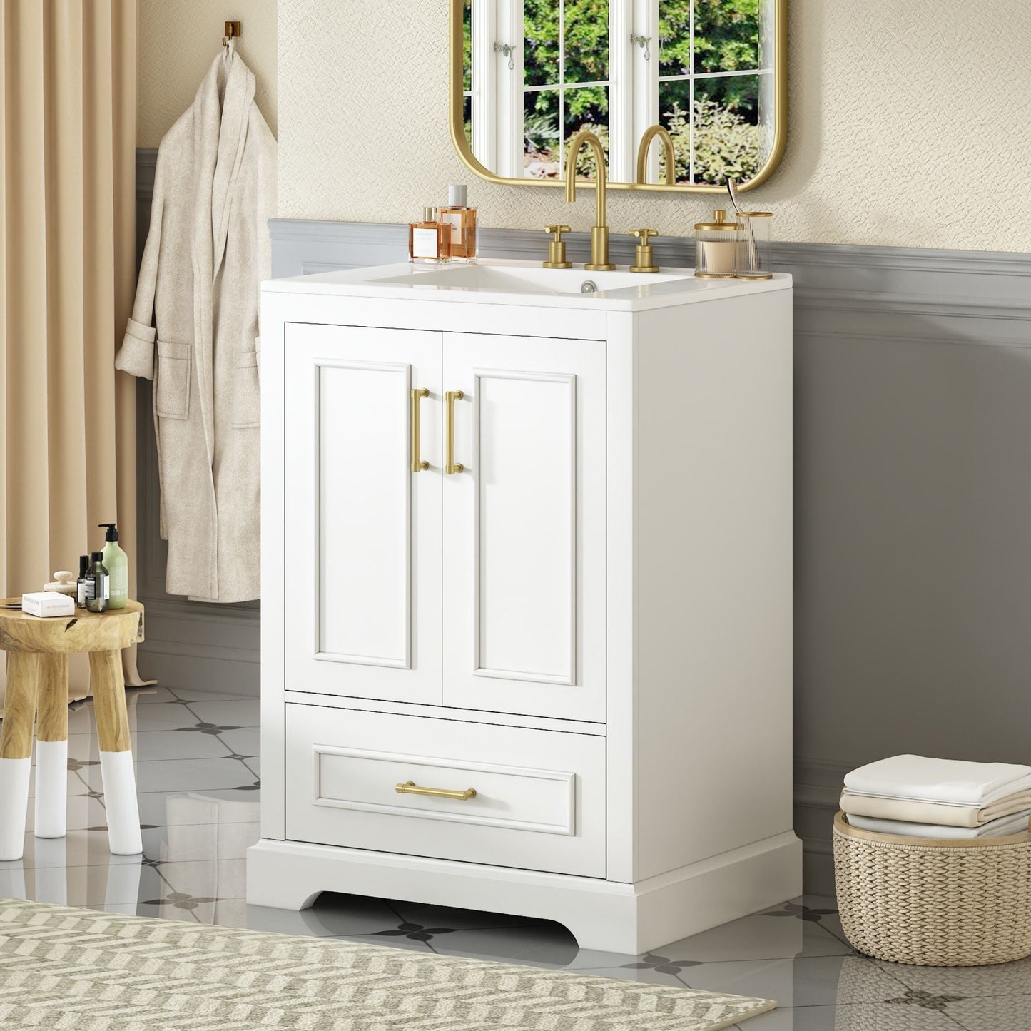 Bathroom Vanity With Sink, 1 Divided Drawer And 2 Soft Close Doors With Double Shelf
