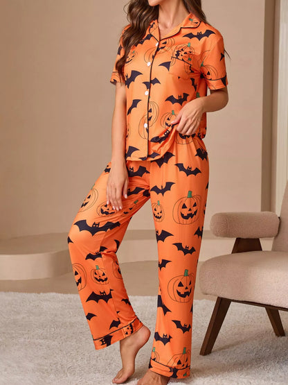 Halloween Pumpkin and Bat Print Button-Down Top and Pants Lounge Set