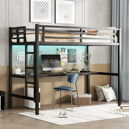 Metal Twin XL Size Loft Bed with Power Outlet and LED Light