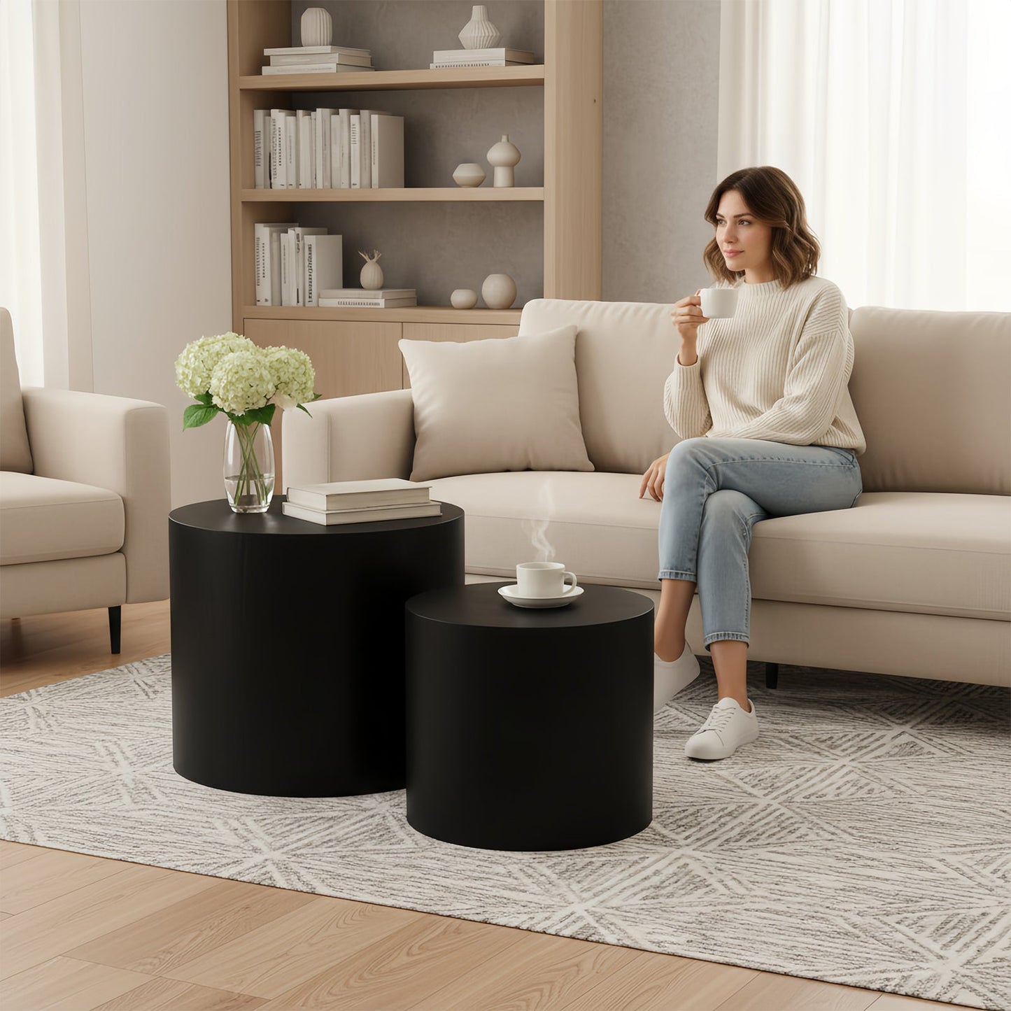 Nesting Coffee Table Set of 2, Modern Round Wood Side Tables