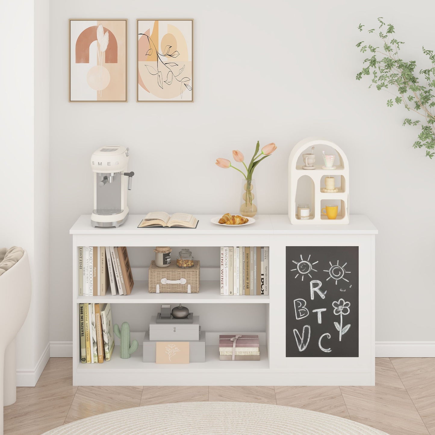 3 In 1 Bookshelf And Toy Storage Cabinet With Chalkboard, Organizer For Playroom - White