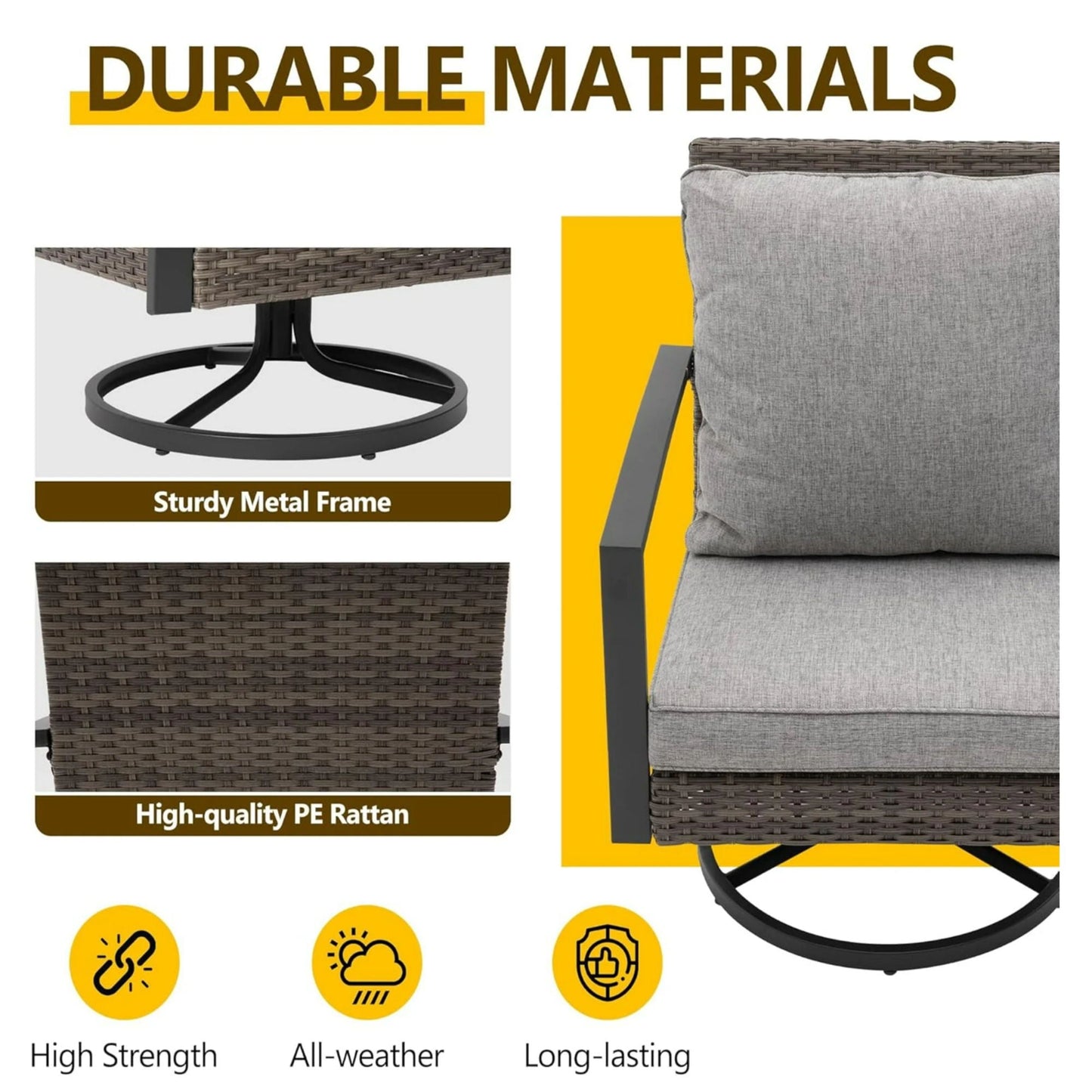 3 Piece Patio Furniture, Swivel Rocker Bistro Set With Side Table & Cushions For Porch - Gray