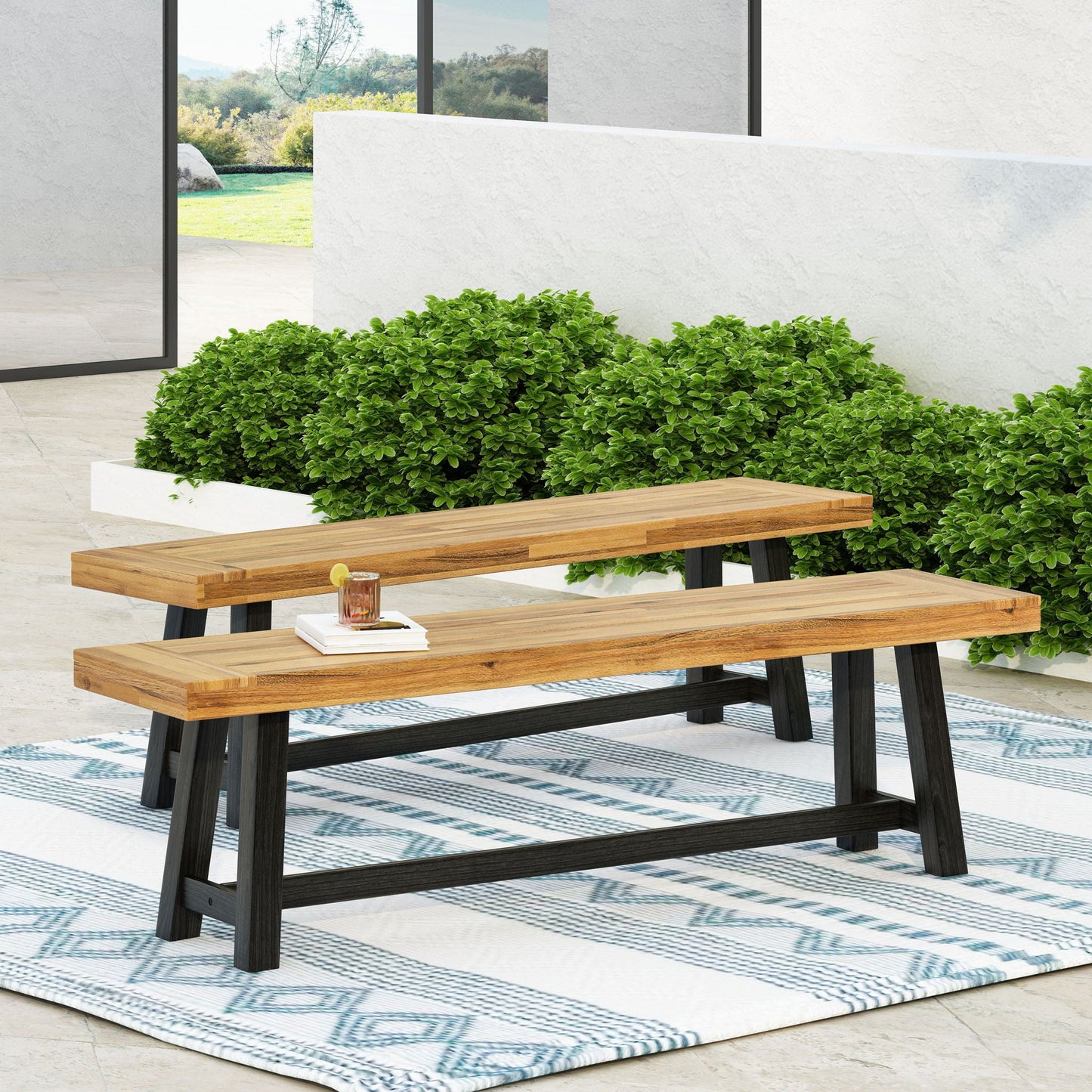 Cloud Outdoor Bench With Acacia Wood Frame And Slat Panel Design