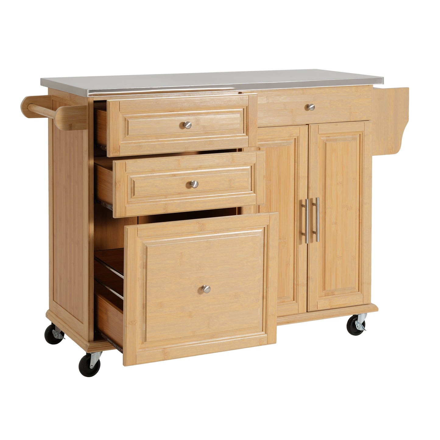 Indoor Bamboo Rolling Kitchen Island with Stainless Steel Top