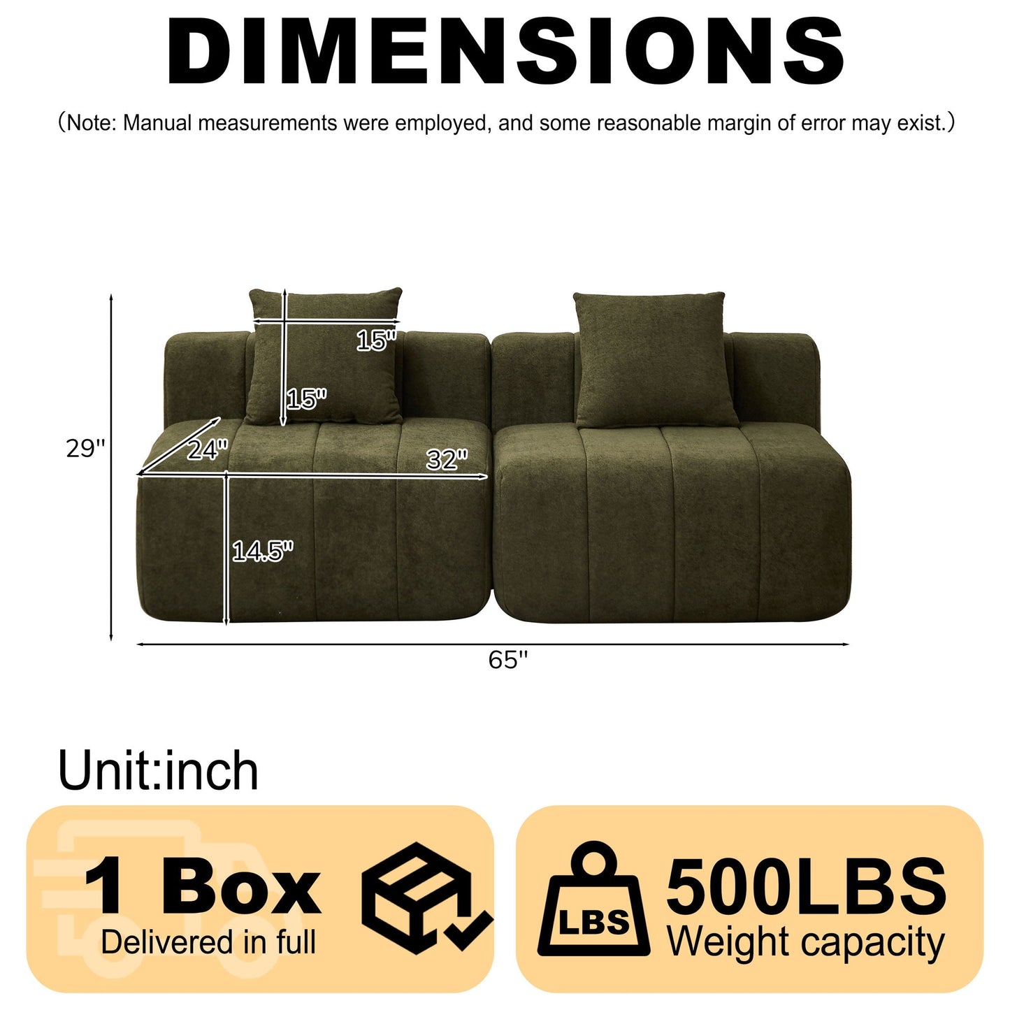 Modular Sectional Sofa With 2 Pillows, Symmetrical Design
