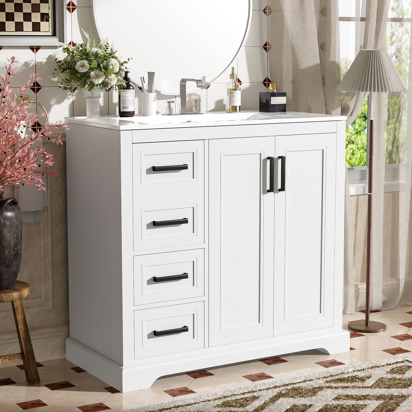 Bathroom Vanity With Sink, Soft Close Doors, Adjustable Shelf & 3 Drawers