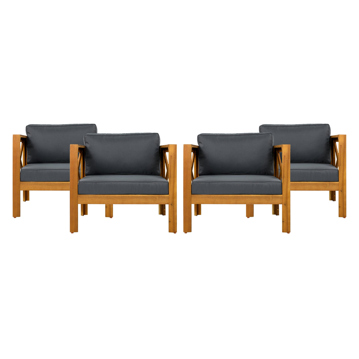 Outdoor Acacia Wood Club Wooden Armchair with Cushions (Set of 4)