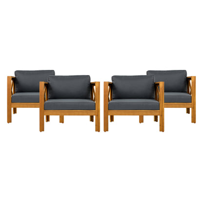 Outdoor Acacia Wood Club Wooden Armchair with Cushions (Set of 4)