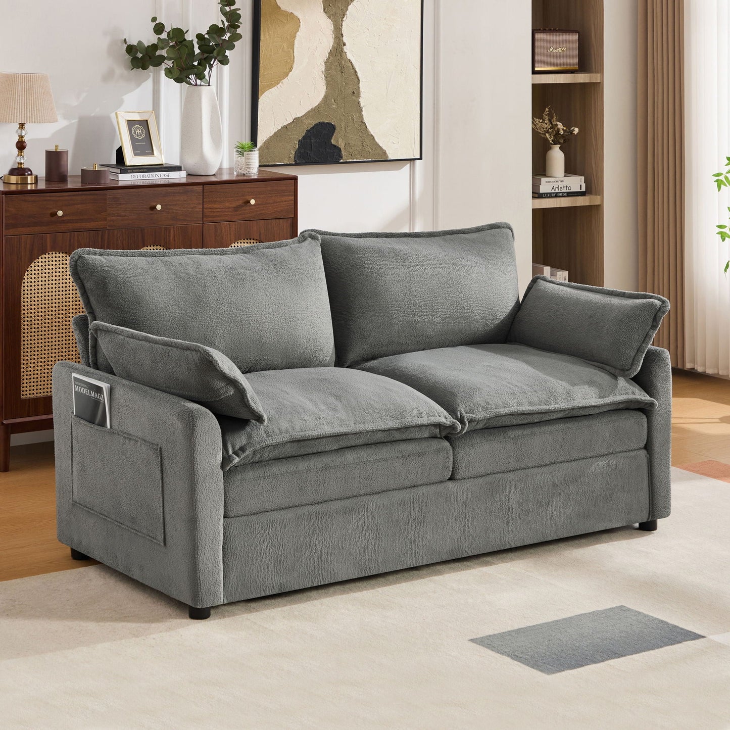 Modern Loveseat Sofa, Upholstered Couch With Side Storage Pockets