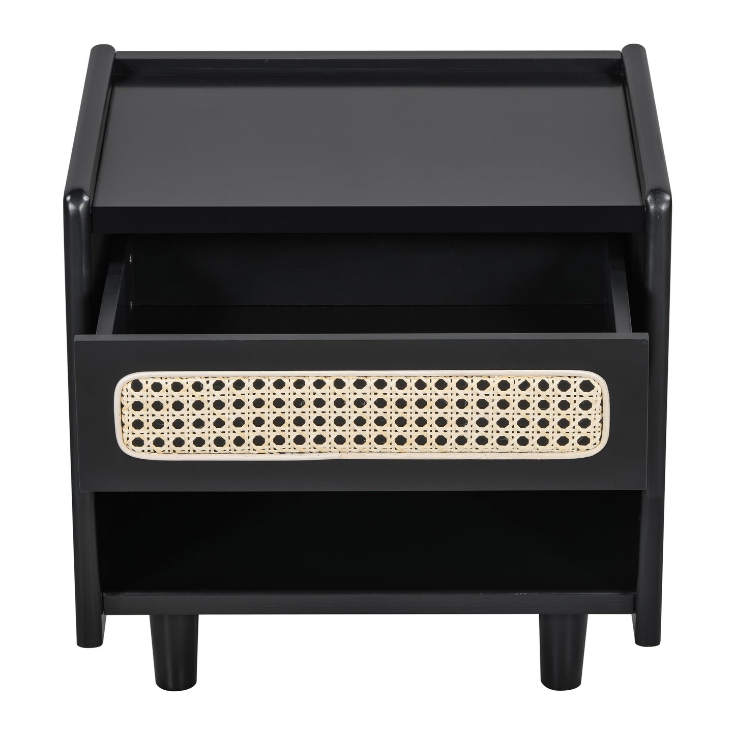 Black Nightstand with Rattan Detail