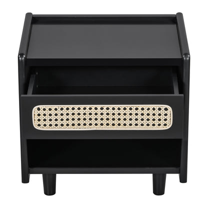 Black Nightstand with Rattan Detail