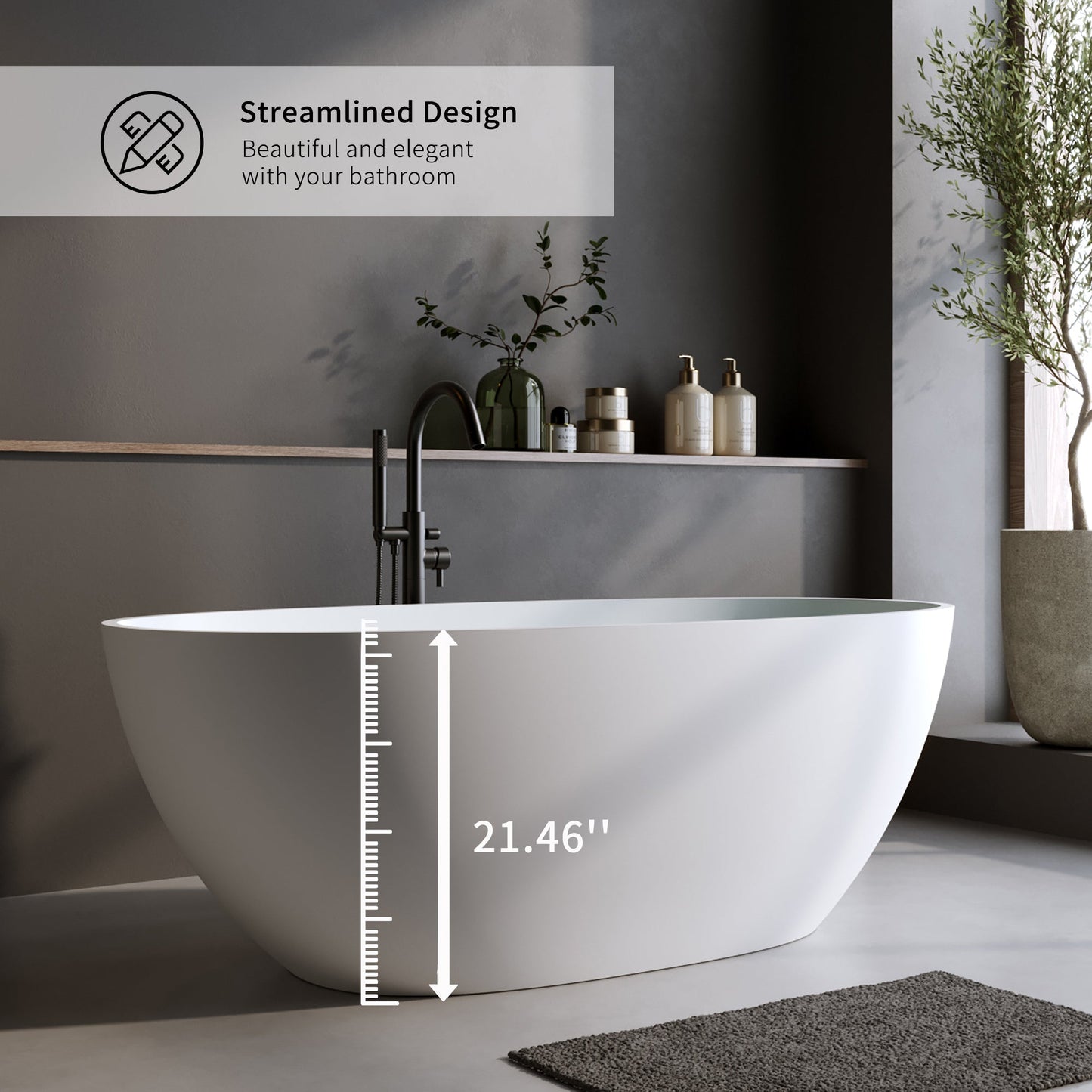 55" Solid Surface Matte Tub - Freestanding Soaking Bathtub