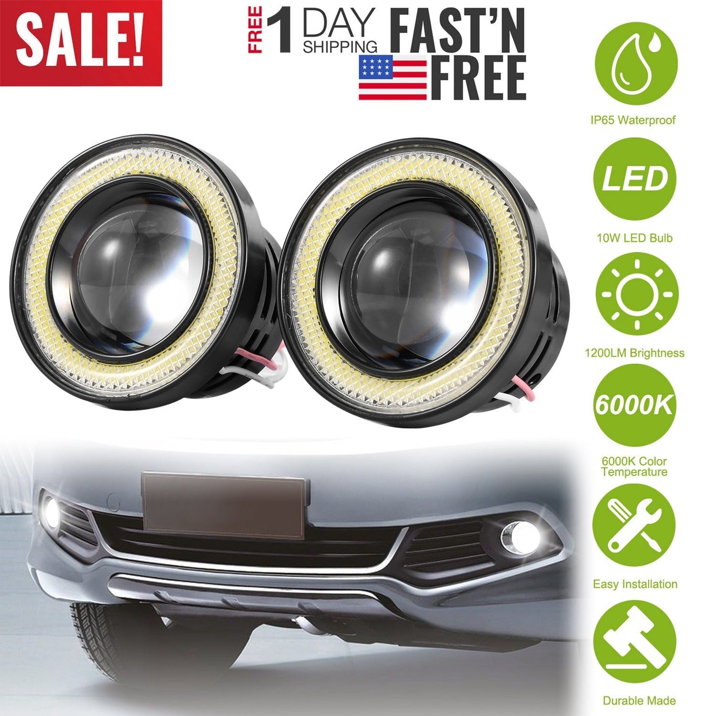 2 Pcs 2.5"Auto COB LED Fog Light 1200LM 6000k White IP65 Waterproof Halo Angel Eye Ring Bulb Lamp Driving DRL 12V