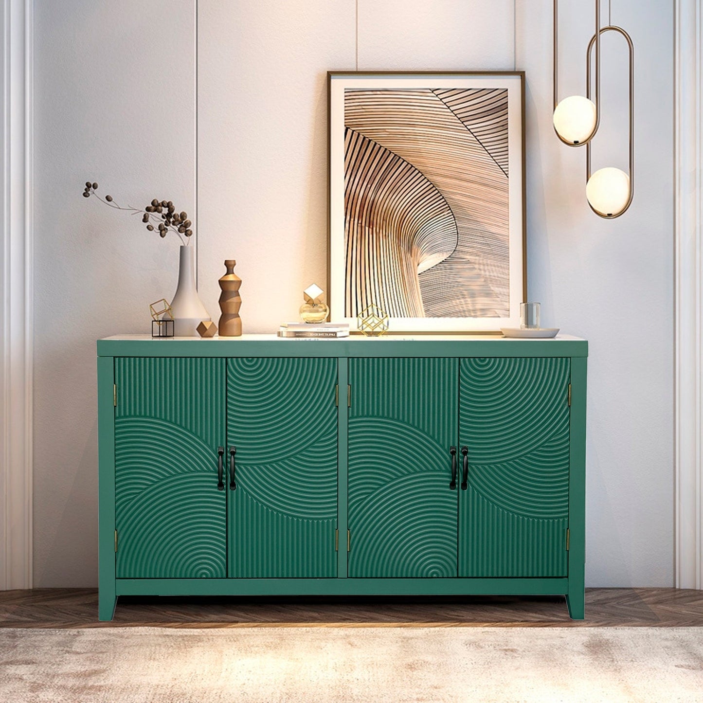 59in Green Accent Cabinet with 4 Doors Mid Century Modern Buffet