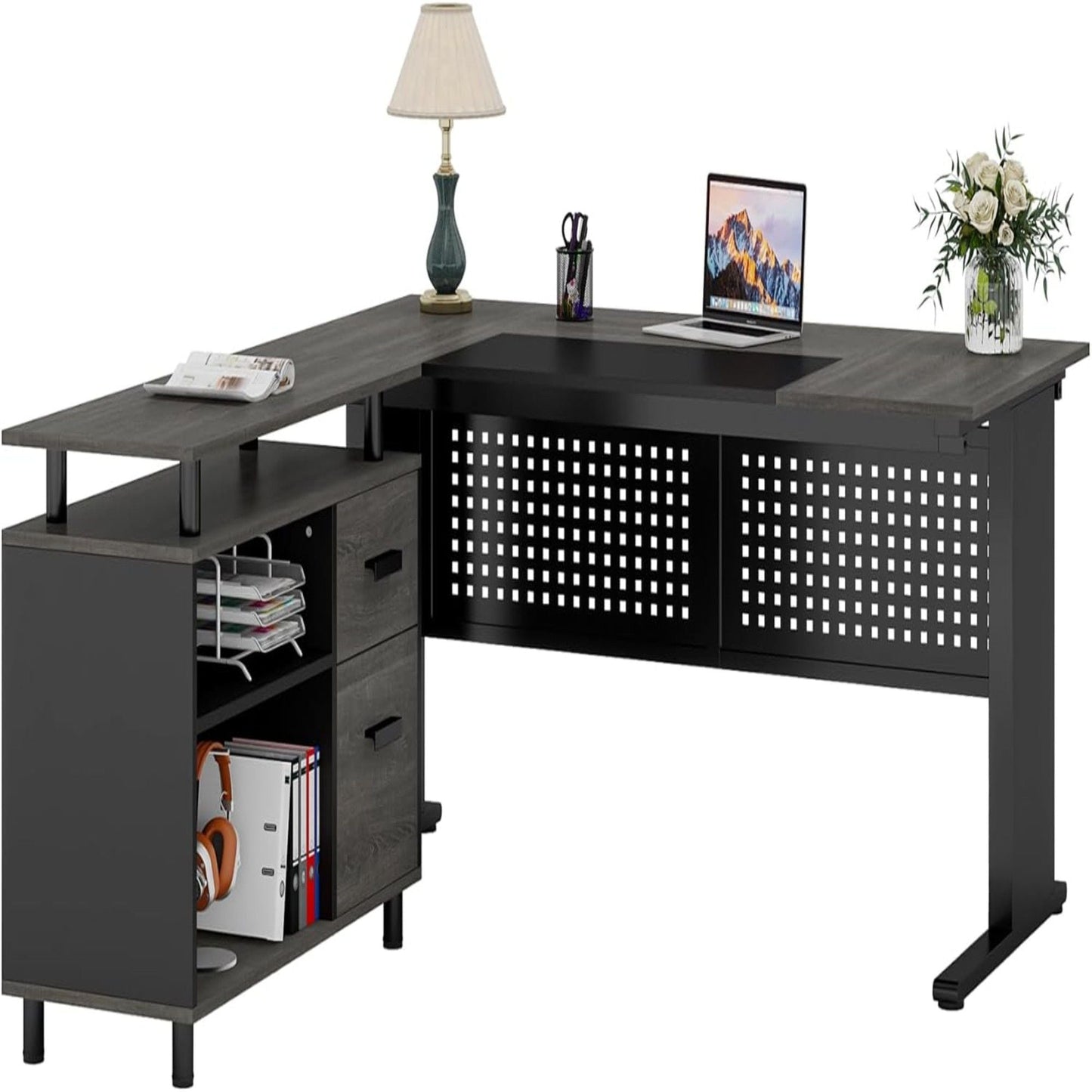 L-Shaped Executive Desk With File Cabinet, Office Workstation With Drawers, Shelves & Storage