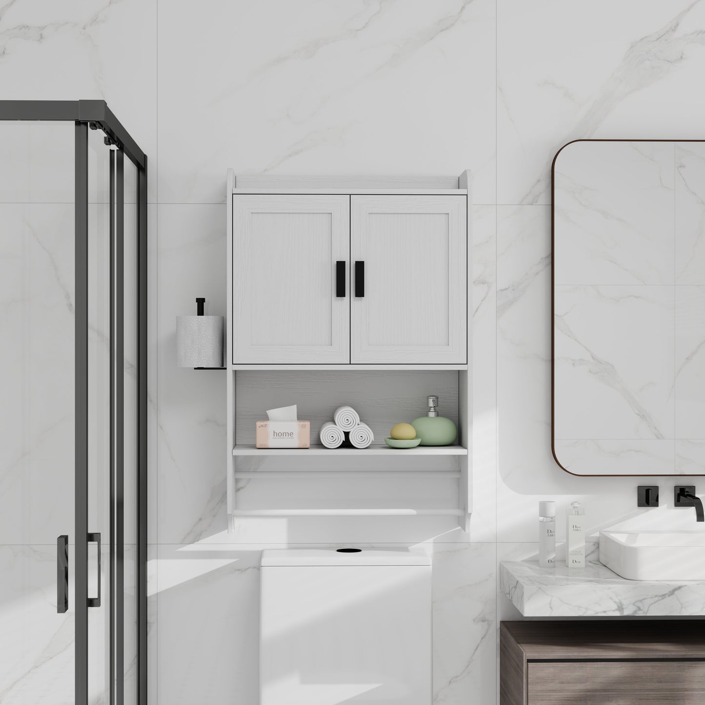 Bathroom Wall Cabinet with Doors, Adjustable Shelf, Towel Bar, and Paper Holder